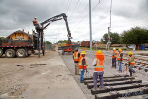 Construction workers working on the new train tracks in Grapevine, Texas