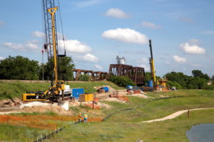 Construction of TEXRail track at Trinity River Crossing in Fort Worth, Texas